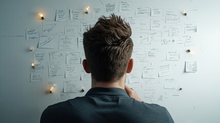 Person Analyzing Information on Wall Full of Notes and Ideas in a Creative Workspace, Representing the Process of Brainstorming and Problem Solving