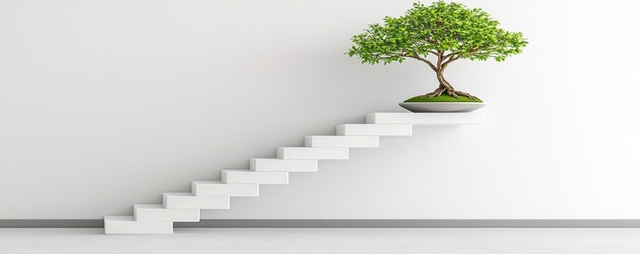 Abstract steps with bonsai tree at the top, representing career advancement and personal growth in a serene setting