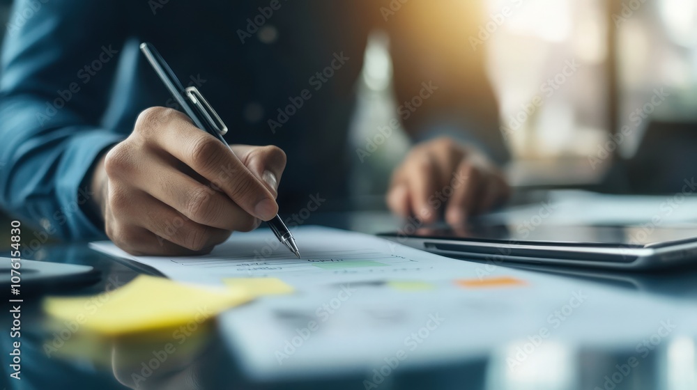 Poster Business Professional Writing Notes on Paper with Pen while Working on Digital Tablet in Modern Office Setting with Natural Light and Organized Workspace