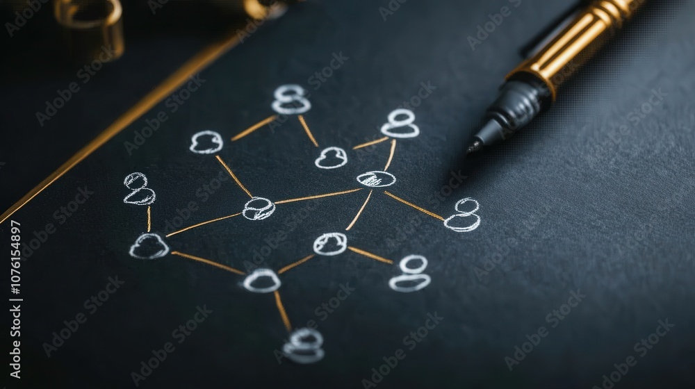 Poster artistic representation of a social network concept with hand-drawn figures and a pen on a dark surf