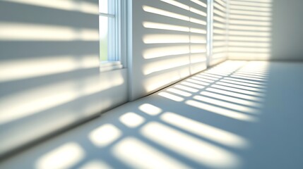 Obraz premium Light from the afternoon sun casting fine shadow lines from window blinds across a textured wall, creating an artistic shadow pattern, serene and natural look, hd quality, photorealistic, warm tones.