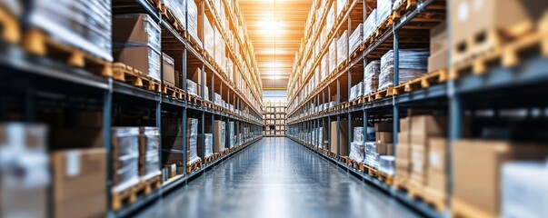 Fototapeta premium Blurred perspective of a warehouse aisle with shelves stocked high, representing logistics and inventory management