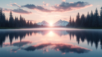 Fototapeta premium A serene nature scene with a calm lake surrounded by dense pine forests, mountains in the distance, soft morning mist, and a pastel sky at sunrise.