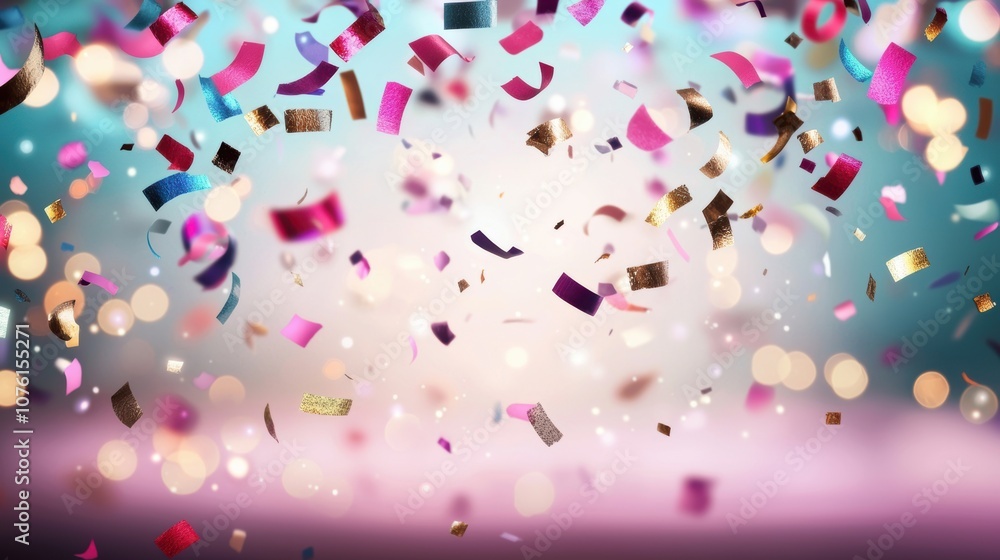 Poster a shower of colorful confetti falling through the air, with a bokeh effect creating a sense of movem
