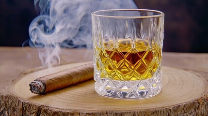 Elegant whiskey in crystal glass, next to a smoldering cigar on a wooden surface with atmospheric smoke