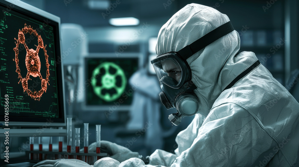 Aufkleber scientist in protective suit working in laboratory, analyzing data on digital screen. atmosphere is 