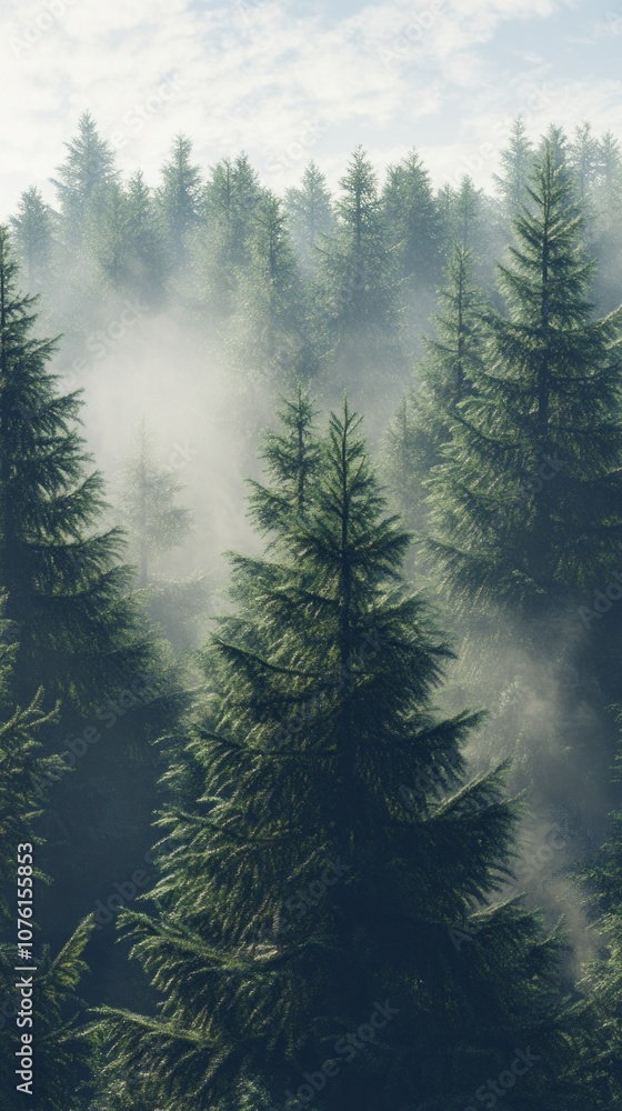 Poster a forest with a foggy mist surrounding the trees
