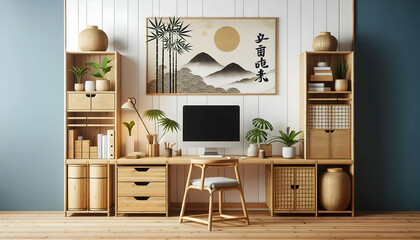 Obraz premium 2 Capture a Japandi-inspired desk setup with a bamboo desk and matching storage units set against a 1