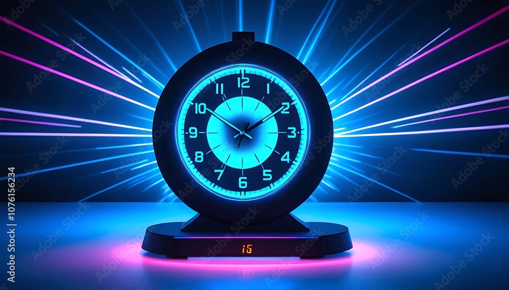 Poster futuristic clock with neon lights and rays and dynamic aesthetic.