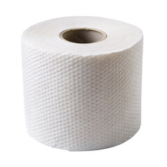 A single roll of textured white toilet paper with visible perforations, set against a transparent background, emphasizing its essential simplicity