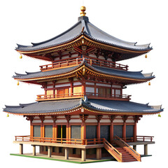 Fototapeta premium A traditional Japanese pagoda with intricate wooden details, tiered rooftops, and red accents, exemplifying classic Eastern architecture, set against a transparent background