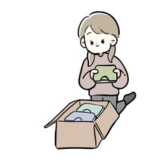 ダンボールに服を詰める女性のイラスト