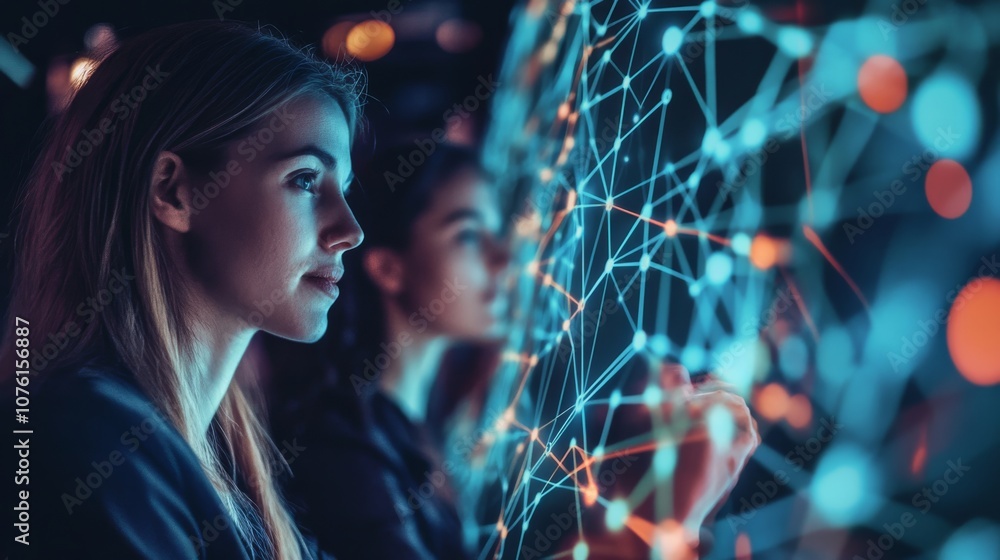 Poster two women analyze a digital interface filled with interconnected nodes and glowing data points, surr