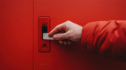 Naklejka premium close up of hand inserting plastic card into red door lock, showcasing modern access system. vibrant color adds striking visual element