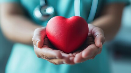 Healthcare professional displays compassion by holding a red heart model in their hands to represent care and love for patients