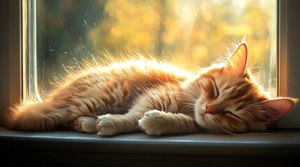 Morning sunlight streaming through a window, illuminating a sleeping cat curled up on the sill, soft rays highlighting the details of its fur and whiskers, peaceful and warm scene, photorealistic,