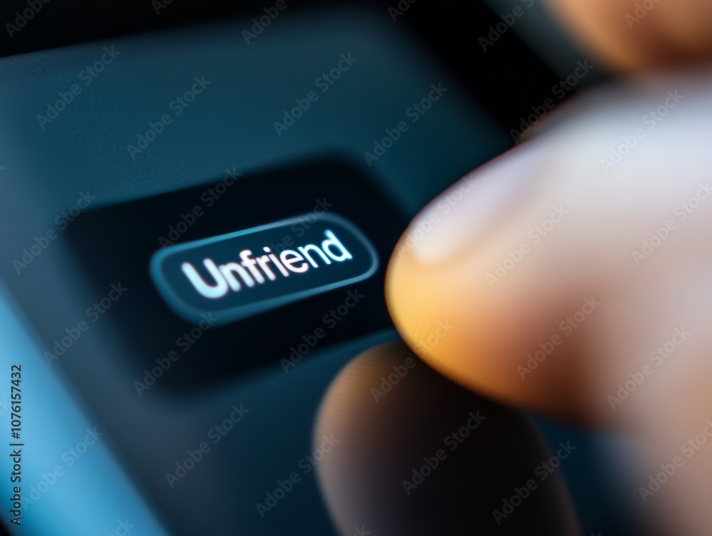 Aufkleber macro shot of finger pressing unfriend button on smartphone screen, highlighting digital declutterin