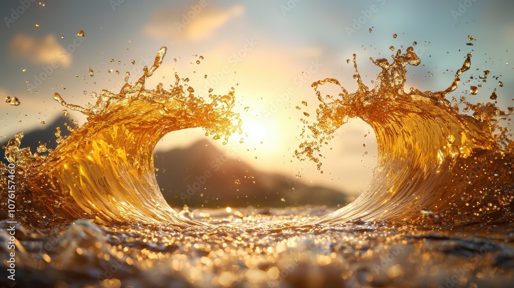 Poster Two streams of liquid gold colliding and merging, creating a dynamic and mesmerizing visual.