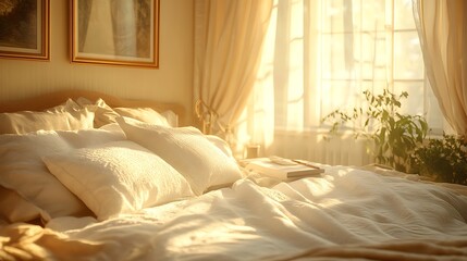 Soft, golden light streaming into a bedroom, highlighting a neatly made bed with plush, fluffy pillows, shadows adding depth and warmth, creating a serene and comforting scene, photorealistic,