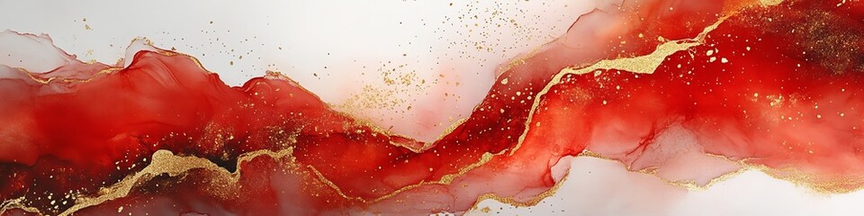 Red abstract marble background with gold streaks. Watercolor wallpaper with white streaks. The texture of the stone.