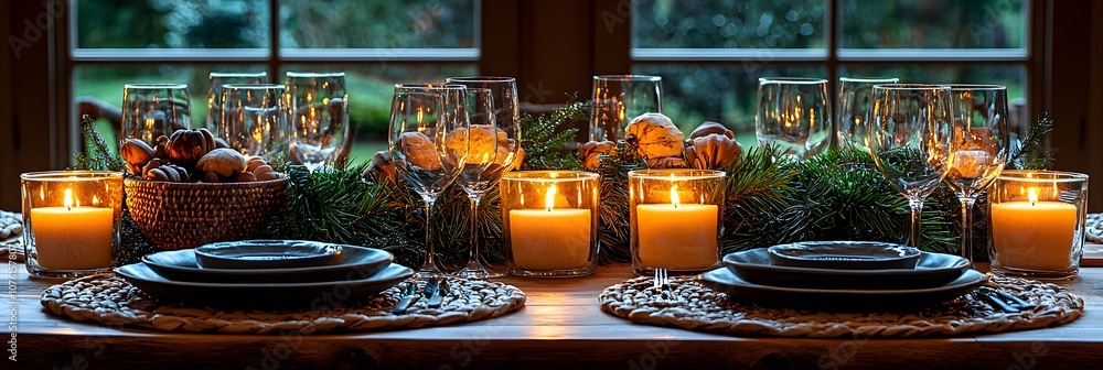 Poster elegant thanksgiving table setting with candles isolated on a clean minimalist background providing 