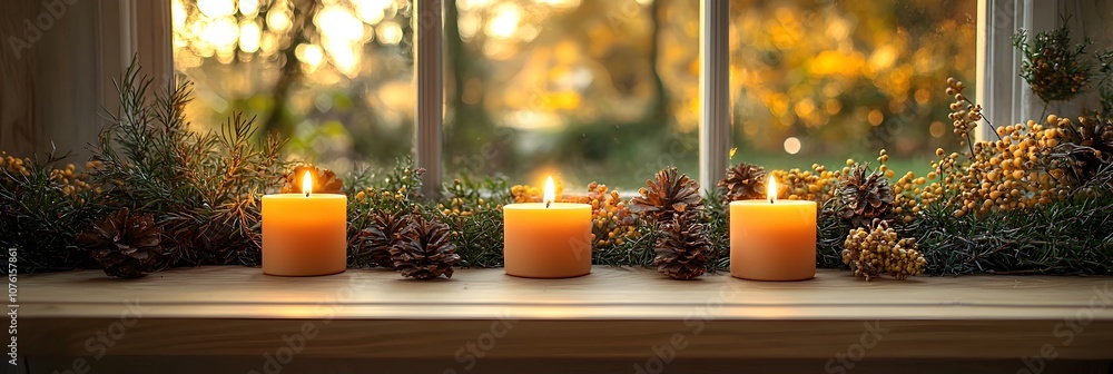 Aufkleber Elegant Thanksgiving Table Setting with Candles and Generous Copy Space for Messages  Warm and Inviting Autumn Decor on a Clean Background