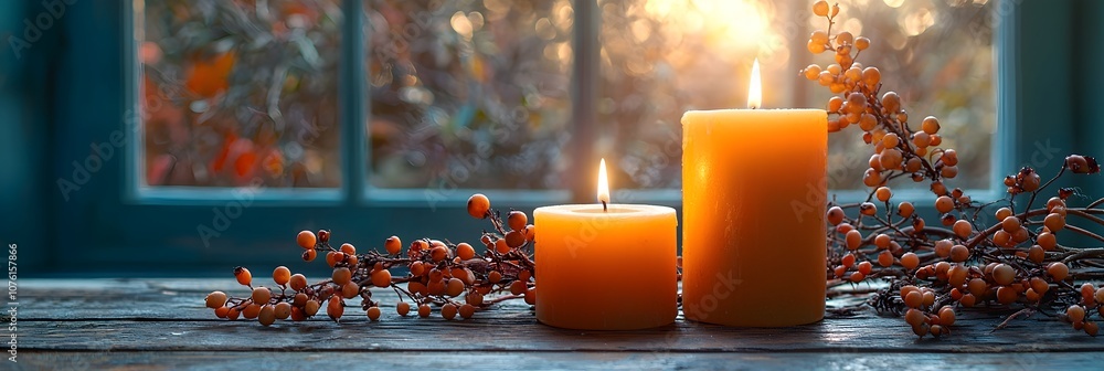 Poster cozy thanksgiving table setting with candles and generous copy space for messages or greetings warm 
