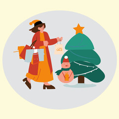 chritmas tree with girl and bunny vector illustration