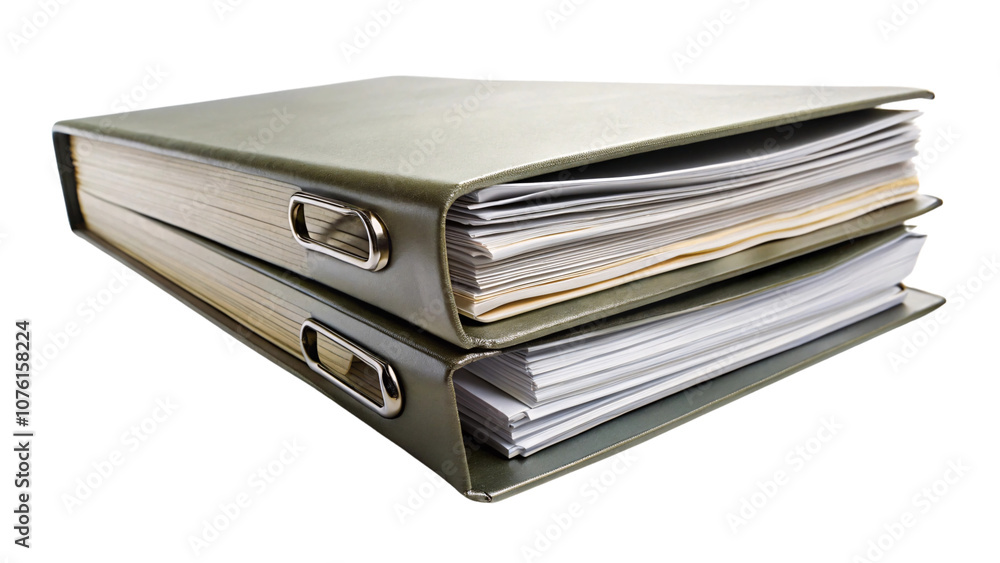Poster two green binders filled with documents, organized and neatly stacked, symbolizing a focus on effici