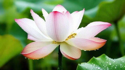 A beautiful pink and white lotus flower blooming amidst green leaves in a tranquil setting.