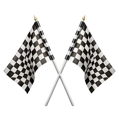 A set of crossed checkered flags with golden-tipped handles, emphasizing a classic racing symbol with polished detailing, representing speed, victory, and the thrill of competition. Transparent