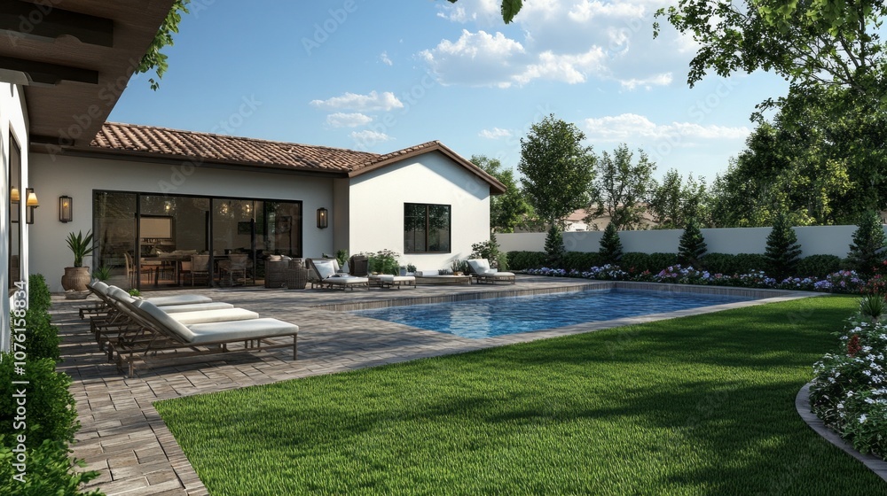 Poster a large white house with a pool and a patio