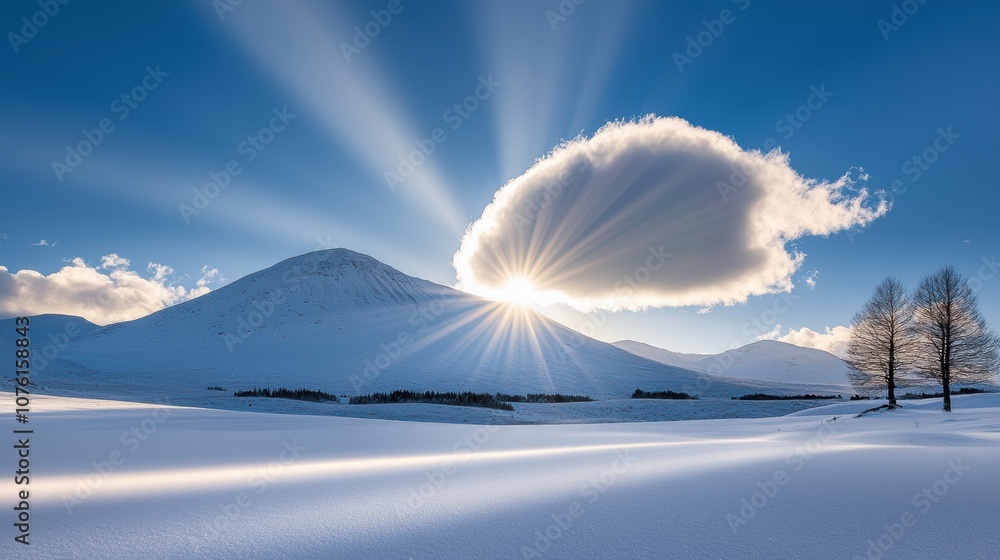 Poster sunbeams radiating from behind a single, large cloud, creating a starburst effect and casting long s