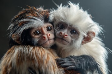 Monkey Day. Cute monkeys hug each other. Love for each other and for animals. Animal wallpapers. A postcard with a funny mammal.