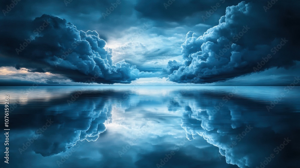 Poster dark brooding clouds reflecting in the vast expanse of the ocean, creating a sense of mystery and dr