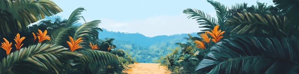 Tropical background with plants, palm trees, branches and leaves. Bright natural background for wallpaper.
