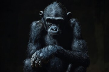 Fototapeta premium Monkey Day. Cute monkey on a black background. Animal wallpapers. A postcard with a funny mammal.