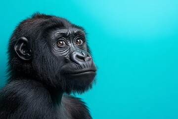 Fototapeta premium Monkey Day. Cute monkey on a blue background. Animal wallpapers. A postcard with a funny mammal.