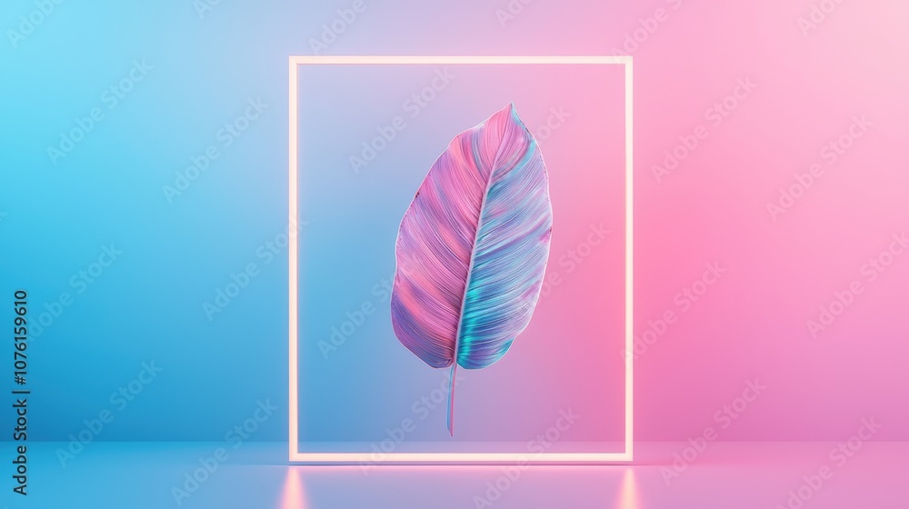 Poster a rectangular neon frame with a soft, diffused glow, illuminating the vibrant colors and textures of