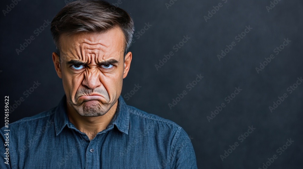 Poster a man displaying a frustrated expression against a dark background.