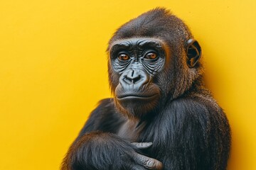 Fototapeta premium Monkey Day. Cute monkey on a yellow background. Animal wallpapers. A postcard with a funny mammal.