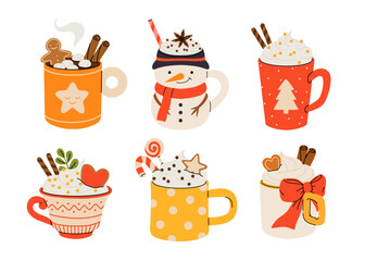 Christmas chocolate and eggnog drinks, winter holiday hot cups, vector icons. Christmas eggnog or milk punch beverages in cups and mugs, hot chocolate drinks for New Year and Xmas greeting card