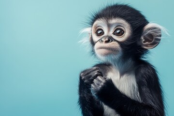 Obraz premium Monkey Day. Cute monkey on a blue background. Animal wallpapers. A postcard with a funny mammal.