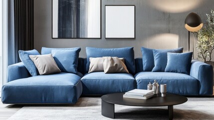 A blue sectional sofa is the centerpiece of a living room with a black coffee ta