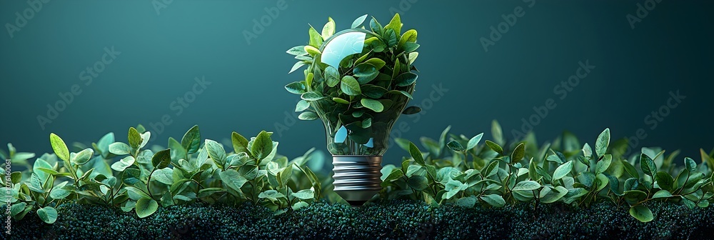 Poster closeup of energy efficient light bulb with green leaves wrapped around isolated on a clean minimali