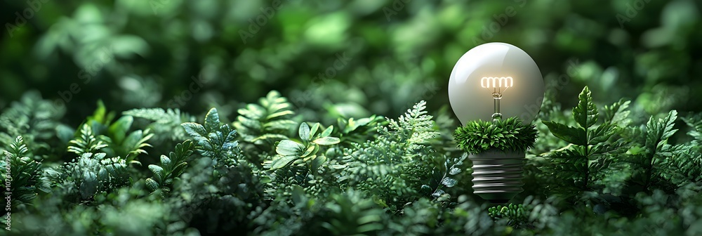 Poster energy efficient light bulb with green leaves wrapped around it isolated on a clean minimalist backg