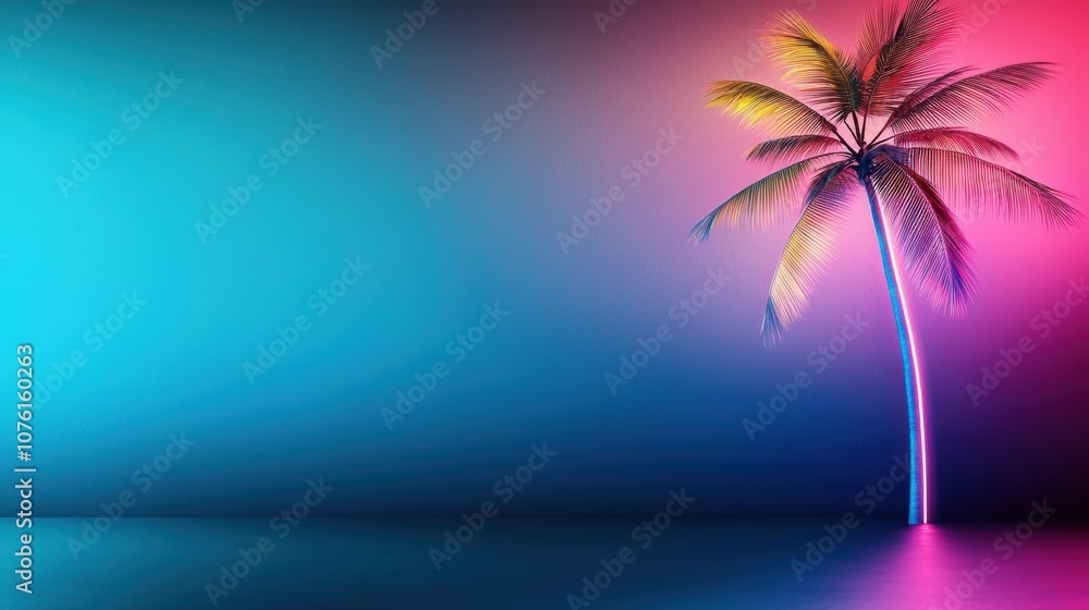 Poster a dark background with a single palm tree silhouette illuminated by a vertical gradient neon light, 