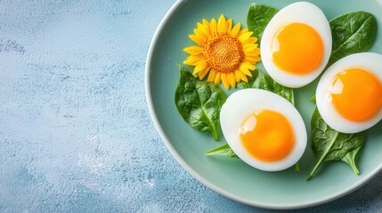 A plate holds three halved eggs, each with bright yellow yolks, nestled on fresh spinach leaves and accented by a sunflower.