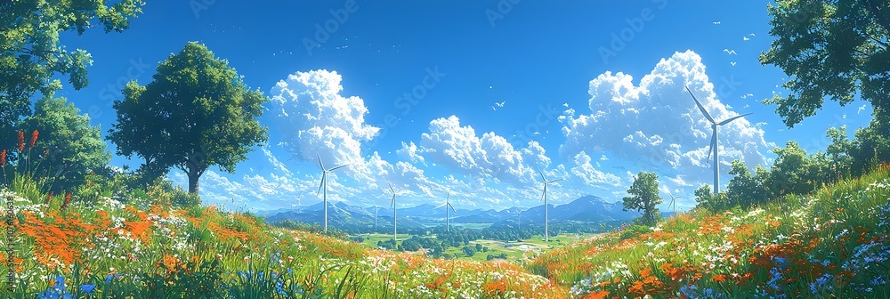 Poster expansive view of a wind farm with multiple tall wind turbines standing tall in a lush green field a