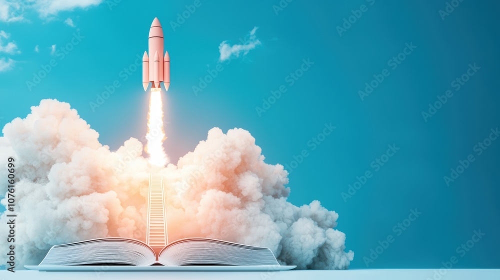 Poster an open book with its pages transforming into a flight of stairs leading towards a rocket launching 